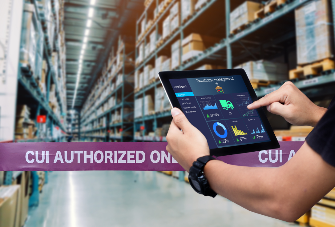 CUI Authorized Only Barrier Tape in warehouse with person holding tablet showing warehouse management data