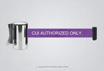 CUI Retractable Belt Barrier wall-mounted with stainless steel cassette and purple nylon belt marked "CUI AUTHORIZED ONLY"
