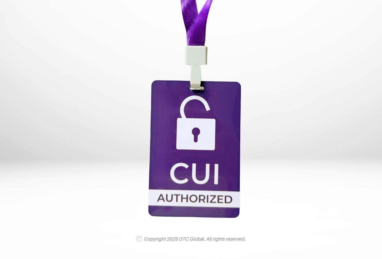 CUI AUTHORIZED - Purple Personnel ID Badge. Purple CUI authorized personnel badge with white unlocked padlock icon and lanyard from Generic Ultimate CUI Compliance Pack without U.S. Government Property