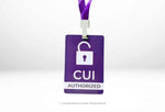 CUI AUTHORIZED - Purple Personnel ID Badge. Purple CUI authorized personnel badge with white unlocked padlock icon and lanyard from Generic Ultimate CUI Compliance Pack without U.S. Government Property