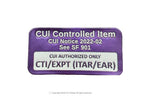 Durable embossed metal CUI Controlled Item labels for ITAR/EAR compliance and secure asset identification.