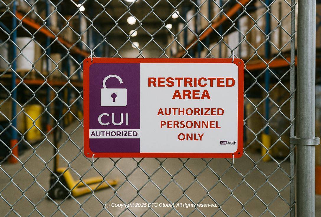 CUI restricted area sign on metal fence warning authorized personnel only in industrial setting