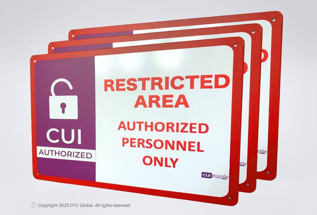 Three CUI Restricted Area Signs with red border and authorized personnel warning, 12x8 inches metal plates