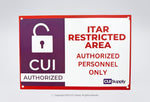 ITAR Restricted Area Signs 2 Pack premium PVC notification signs with mounting holes and scratch resistance