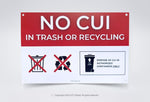 No CUI in Trash or Recycling Signs with prohibition icons and disposal instructions on red and white PVC panel