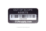 Black "Out of Scope Assets" label with barcode and serial number OSA0006 for inventory tracking. Out of Scope Labels