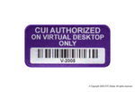 Purple CUI Authorized On Virtual Desktop Only asset label with barcode V-2005