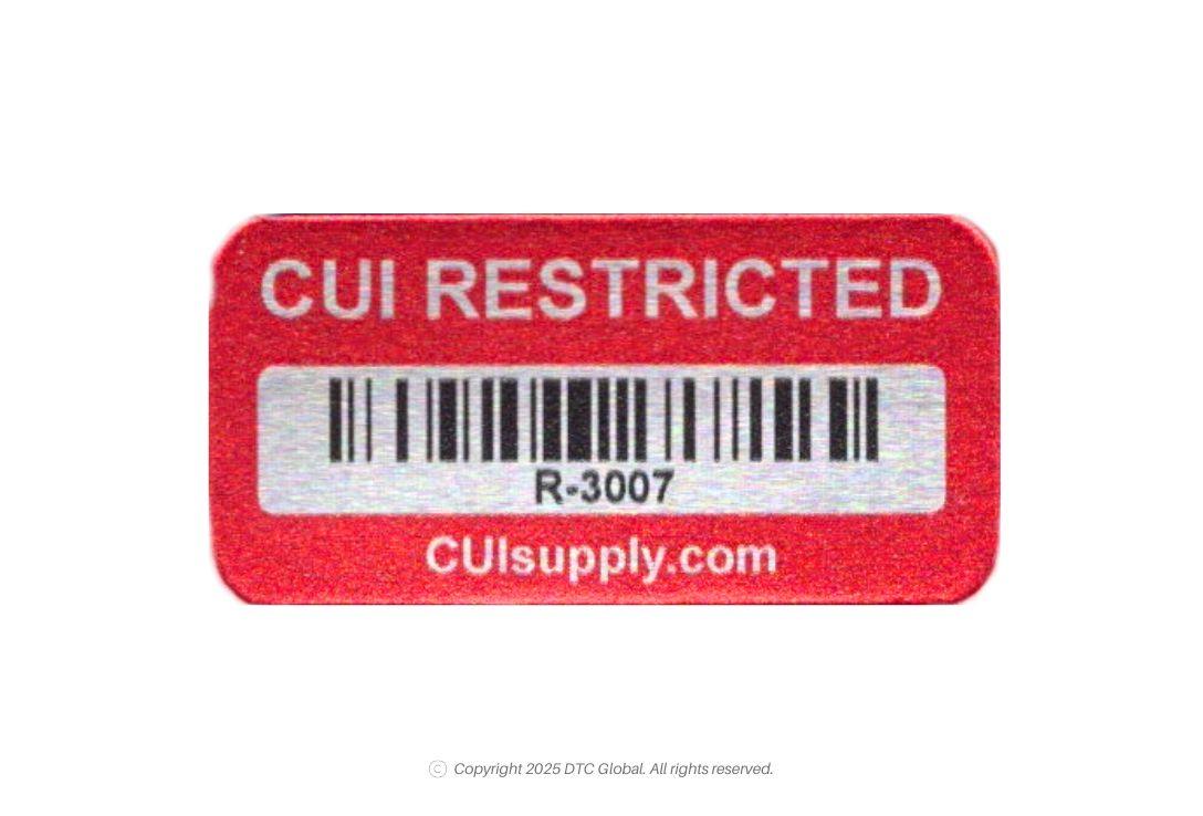 Red "CUI Restricted" metal asset label with barcode and serial number R-3007 for inventory tracking CUI Restricted Asset Labels