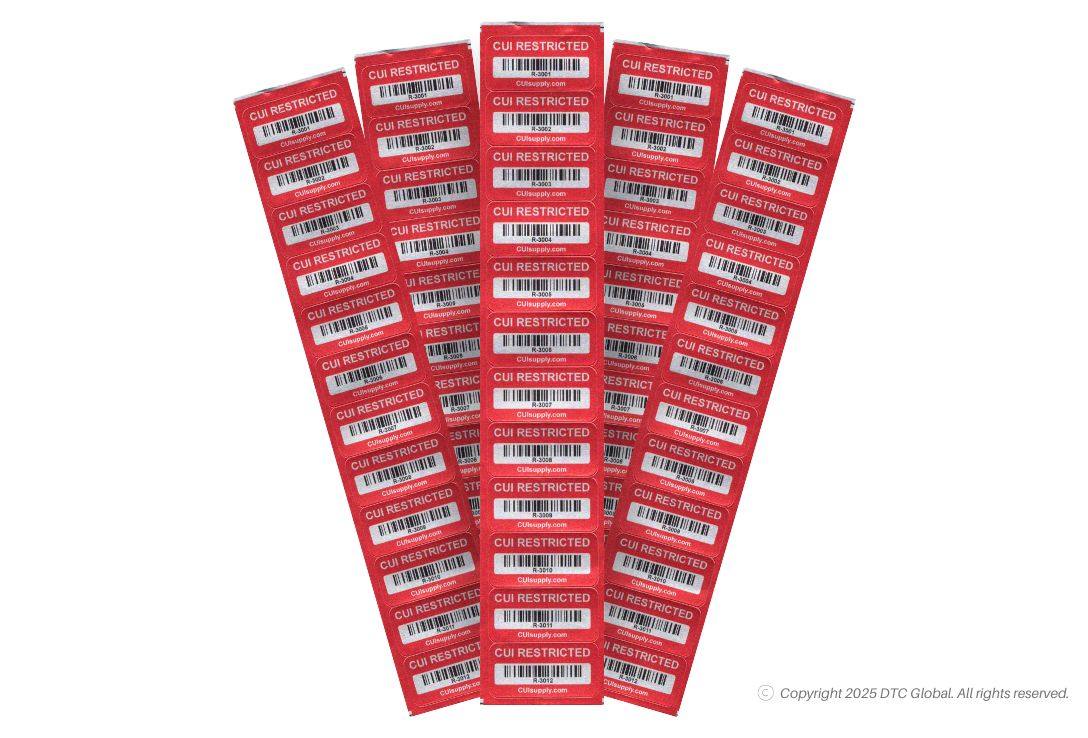 Red "CUI Restricted" flexible metal asset labels with barcodes on five sheets totaling 60 labels for inventory tracking CUI Restricted Asset Labels