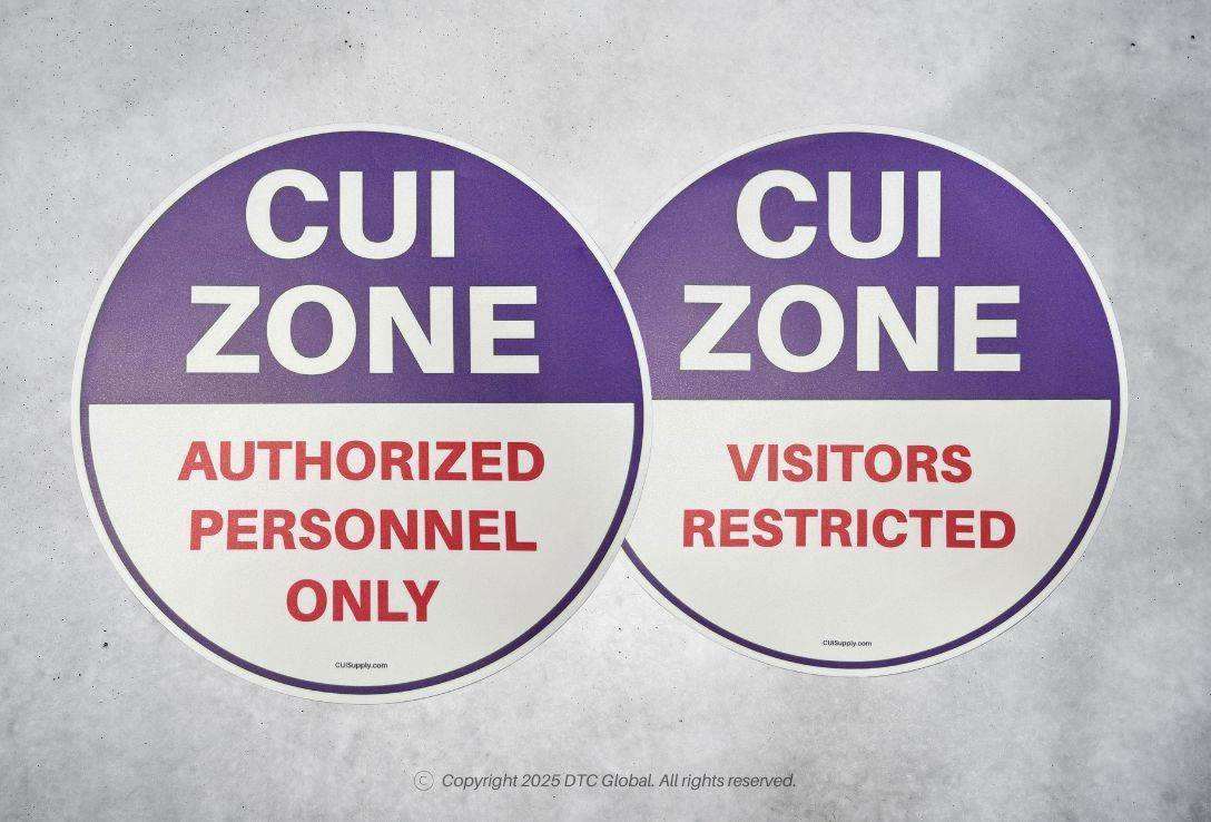 CUI Zone Floor Stickers with "Authorized Personnel Only" and "Visitors Restricted" text, purple and white, durable textured indoor safety signs.