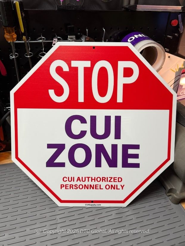 CUI Zone Stop Sign with "Stop CUI Zone Authorized Personnel Only" message, heavy-duty aluminum, 18x18 inches, 2-pack