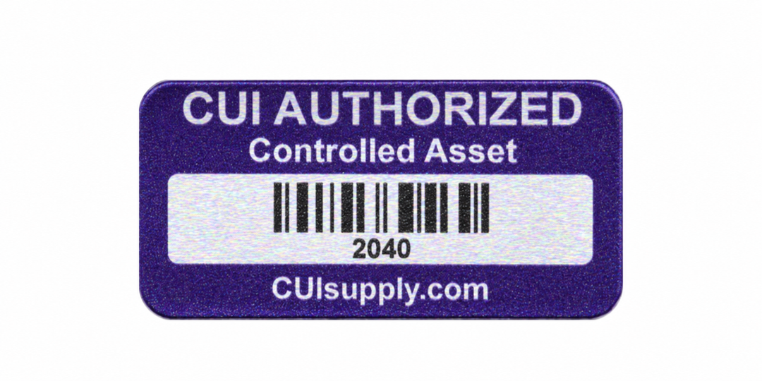 A rectangular purple sticker with rounded corners labeled 'CUI AUTHORIZED Controlled Asset' above a barcode and the text '2040' and 'CUIsupply.com'