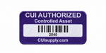A rectangular purple sticker with rounded corners labeled 'CUI AUTHORIZED Controlled Asset' above a barcode and the text '2040' and 'CUIsupply.com'