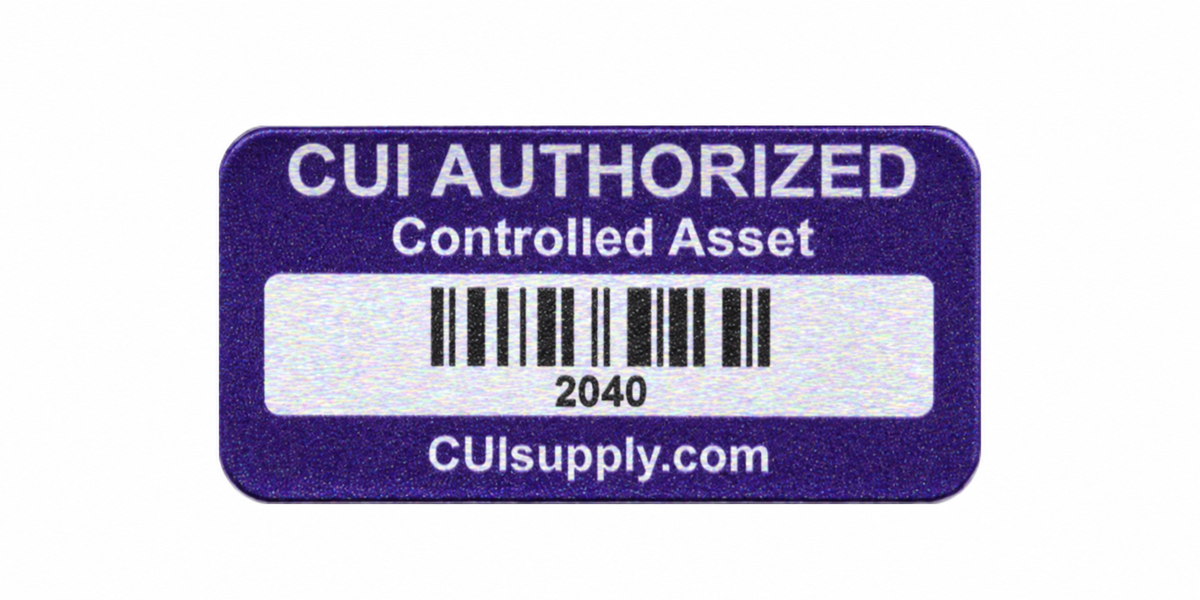 A rectangular purple sticker with rounded corners labeled 'CUI AUTHORIZED Controlled Asset' above a barcode and the text '2040' and 'CUIsupply.com'