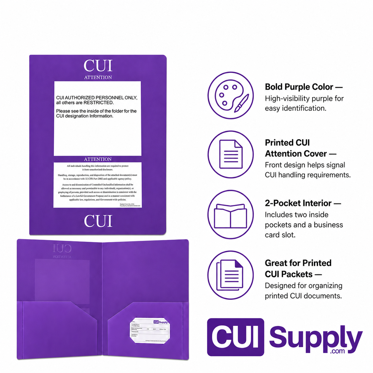 Purple SF 901 CUI folder with features highlighted on a white background CUI Supply