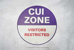 CUI Zone Floor Sticker "Visitors Restricted" purple and white with red text, durable textured surface, 18x18 inches