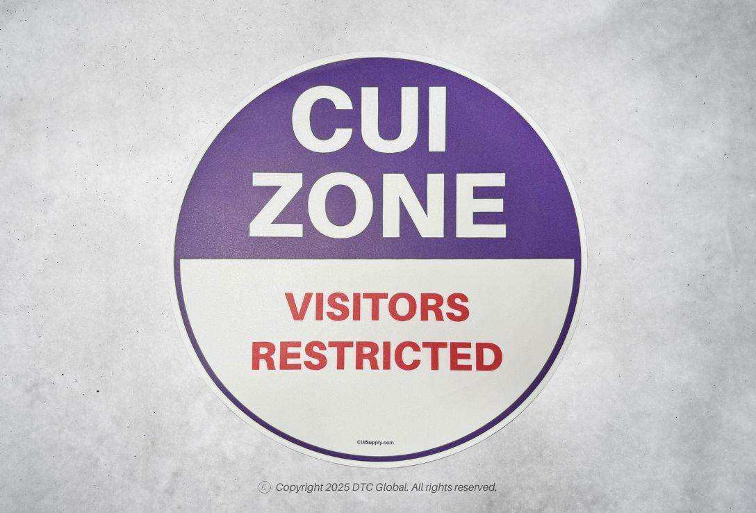 CUI Zone Floor Sticker "Visitors Restricted" purple and white with red text, durable textured surface, 18x18 inches