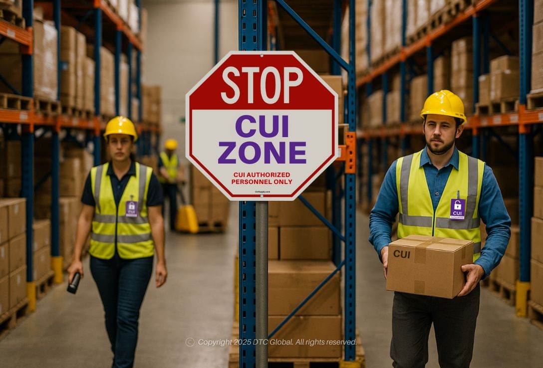 CUI Zone Stop Sign in warehouse with workers wearing yellow safety helmets and vests carrying boxes. CUI Zone Stop Signs