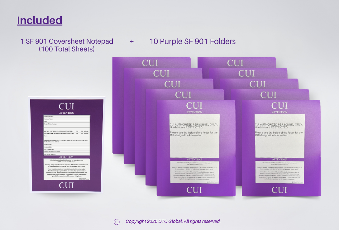 SF 901 CUI Coversheet and Folders notepad with 100 sheets and 10 purple SF 901 CUI folders for controlled unclassified information management