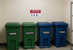 "No CUI in Trash or Recycling" compliance notification sign above labeled paper, plastic, and trash bins in office setting
