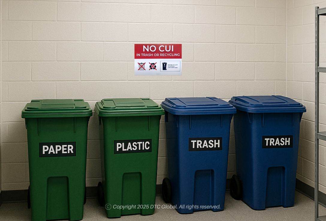 "No CUI in Trash or Recycling" compliance notification sign above labeled paper, plastic, and trash bins in office setting