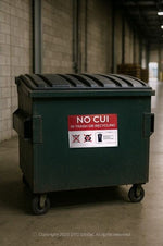 No CUI in Trash or Recycling signs on green dumpster for secure disposal compliance