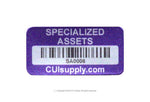 Specialized Assets Labels purple metal tag with barcode and SA0006 serial number Specialized Assets Labels