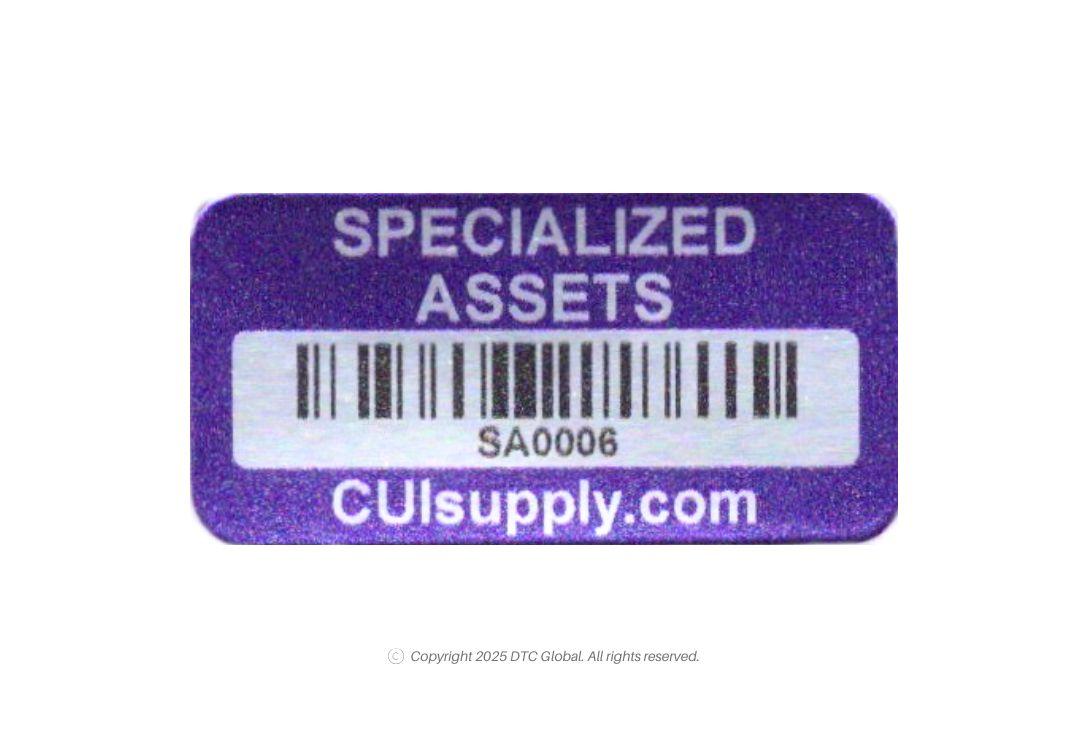Specialized Assets Labels purple metal tag with barcode and SA0006 serial number Specialized Assets Labels