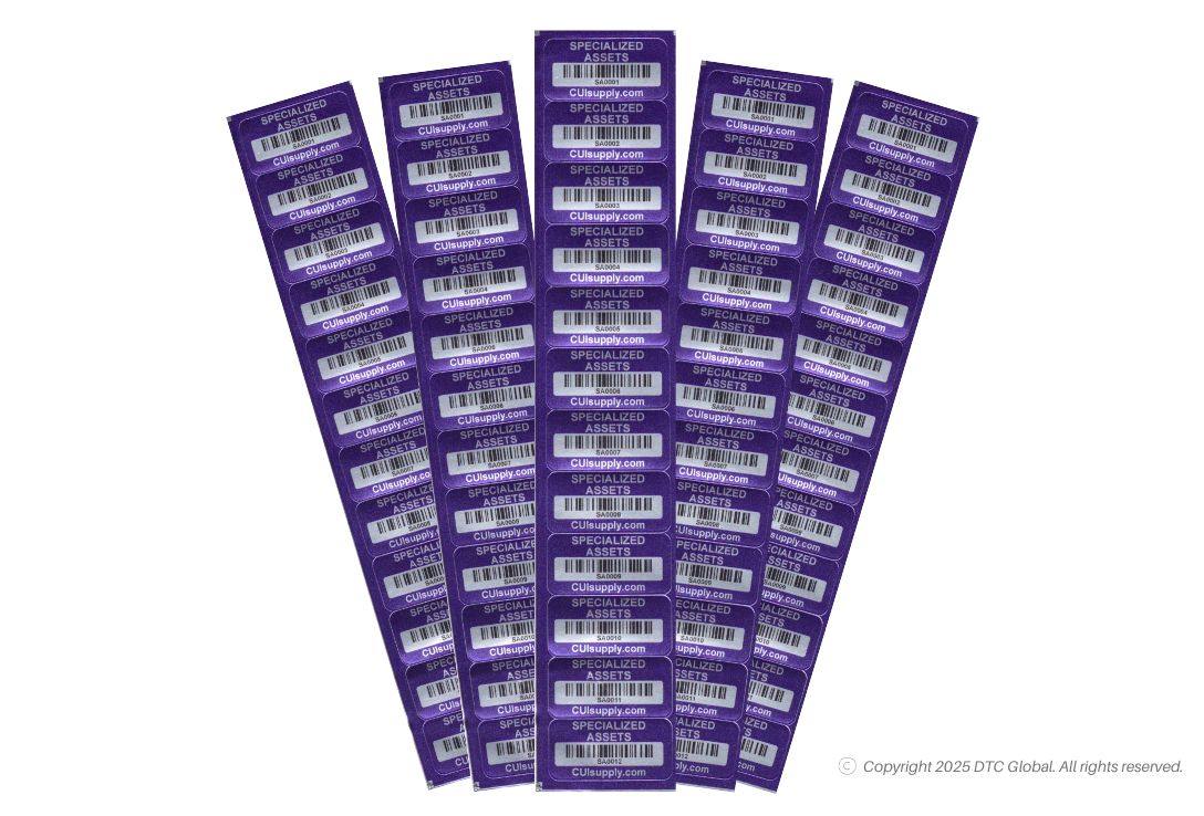 Sheets of flexible metal Specialized Assets Labels with barcodes and inventory tracking details