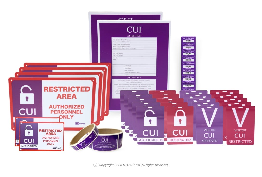 Ultimate CUI Compliance Pack including CUI labels, cover sheets, restricted area signs, and badges for DFARS/CMMC compliance