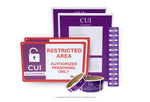 CUI Compliance Starter Pack with purple and red media stickers, cover sheets, restricted area signs, and authorized labels for compliance