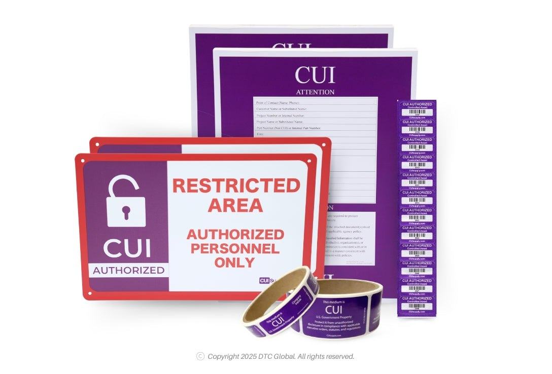 CUI Compliance Starter Pack with purple and red media stickers, cover sheets, restricted area signs, and authorized labels for compliance