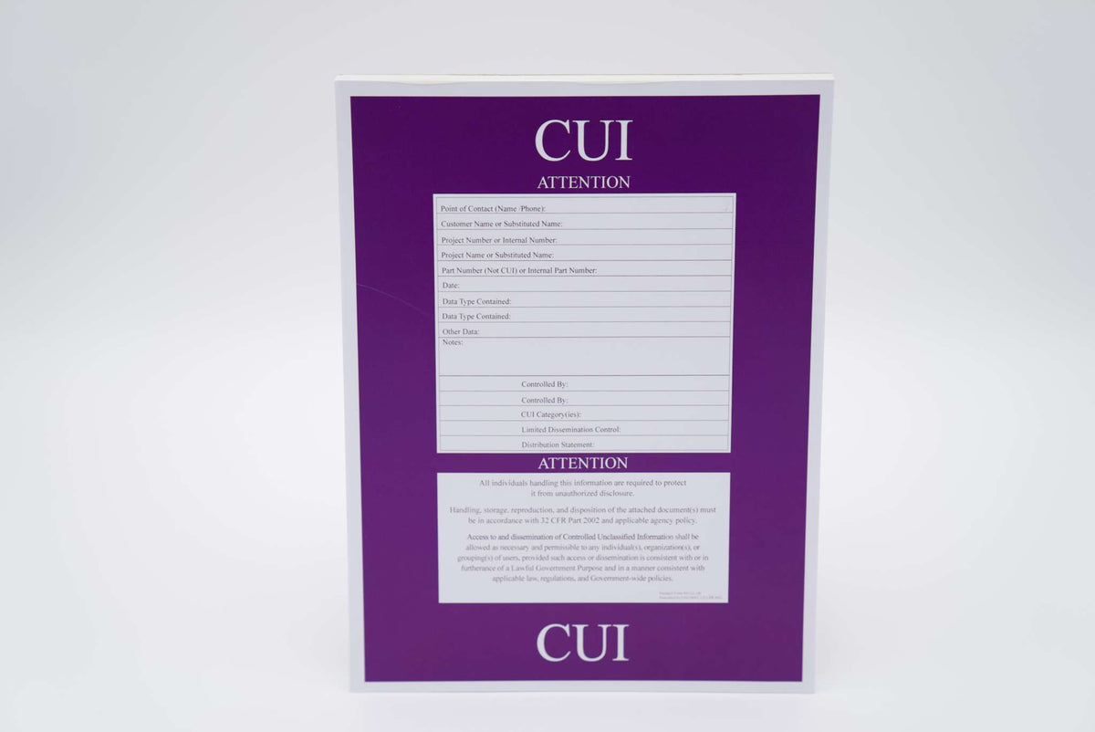 CUI Compliance Starter Pack purple PVC sign with white text fields for logging contact, project details, and CUI handling instructions