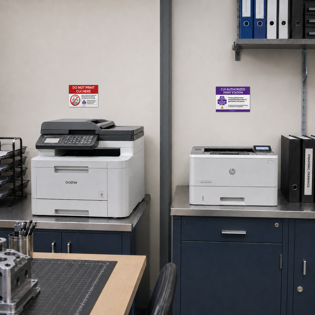 CUI printer station signs for authorized and restricted printing areas