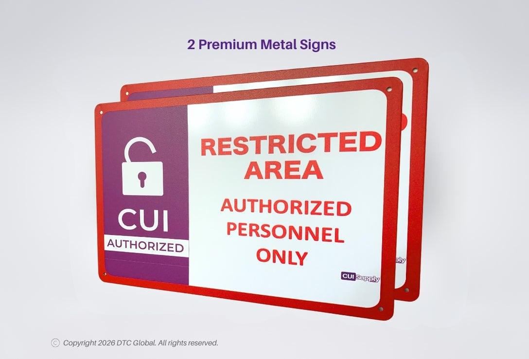 Generic - CUI Compliance Starter Pack showing two red and white metal restricted area signs with purple CUI authorized lock icon and bold text