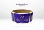Roll of purple rectangular compliance labels for Controlled Unclassified Information CUI media with white text