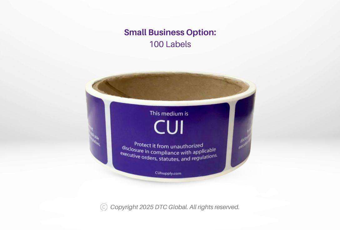 Roll of purple rectangular compliance labels for Controlled Unclassified Information CUI media with white text
