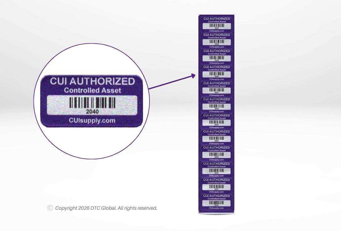 Ultimate CUI Compliance Pack featuring a vertical strip of purple CUI Authorized Controlled Asset barcode labels
