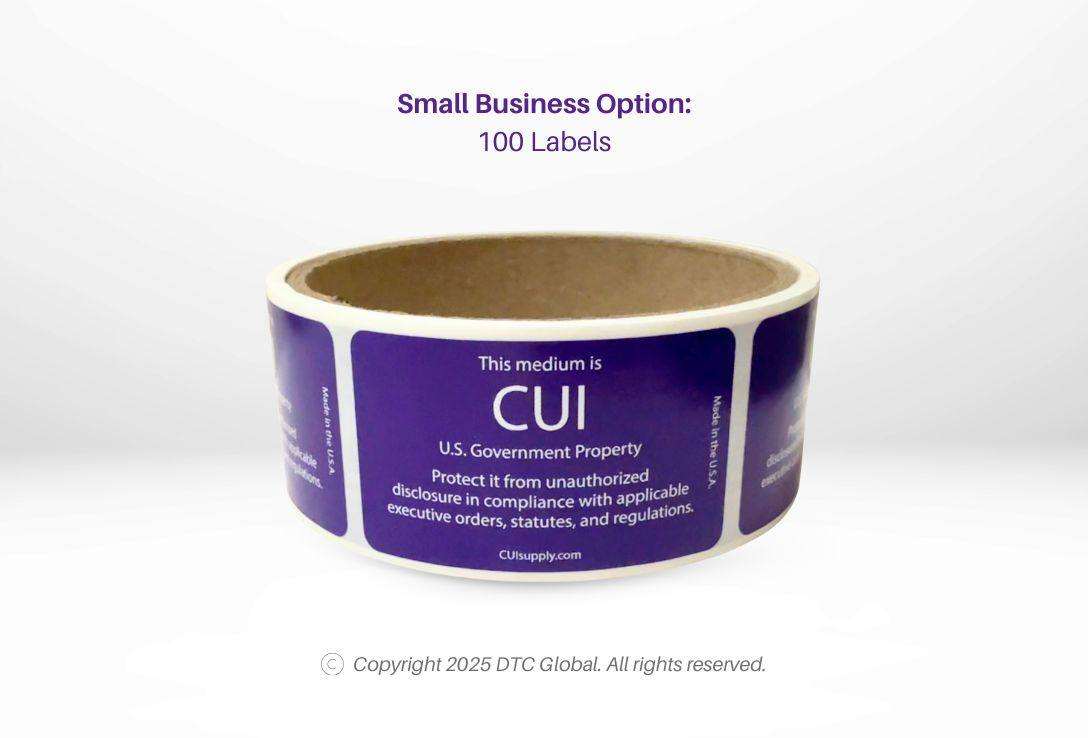 Ultimate CUI Compliance Pack roll of 100 purple media labels with white text protecting U.S. Government Property